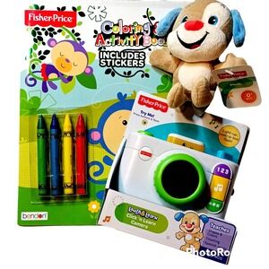 Fisher-Price LOT Coloring/Activity Book, Click n Learn Camera, Stuffed Dog Plush